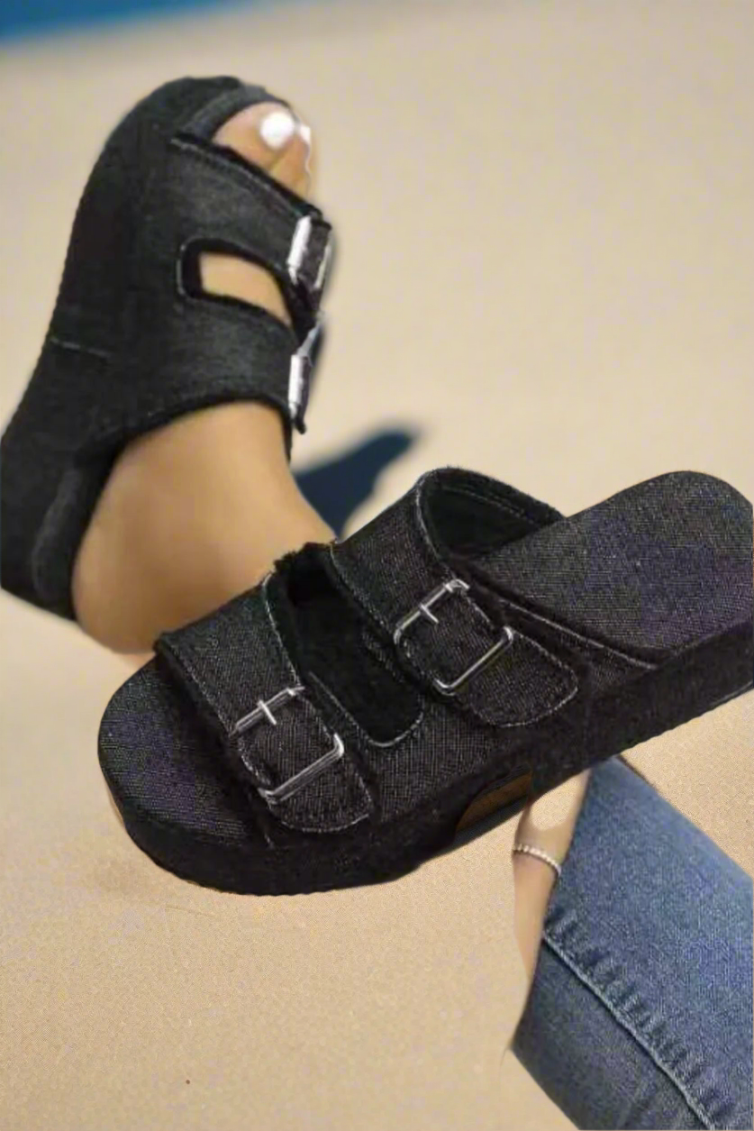 Raw Hem Wedge Buckle Sandals